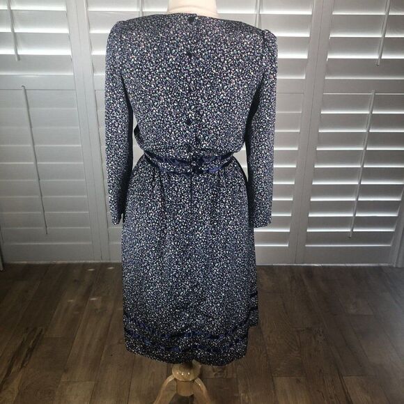 Vtg 80s Stuart Alan Petites Blue Floral Secretary Dress 14 Blouson Prairie - Picture 4 of 12
